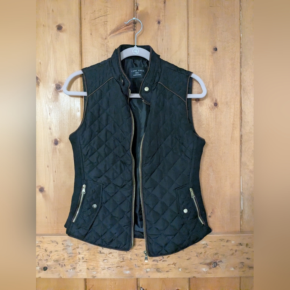 Love Tree Black Quilted Vest with Gold Zippers